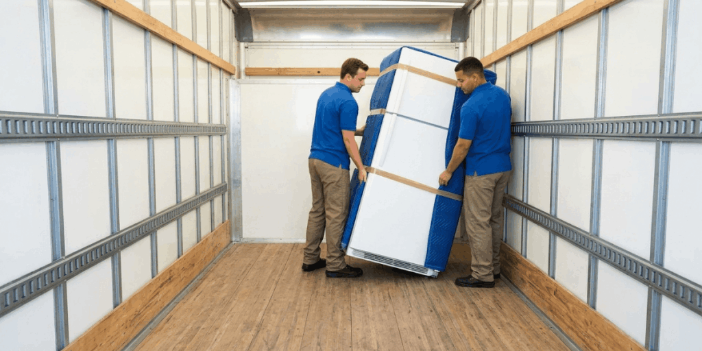 Two men dressed in blue shirts are engaged in moving a large furniture item, demonstrating teamwork.