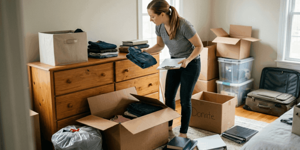 In a bedroom, a woman unpacks boxes, sorting through her items and placing them on the bed and around the room.
