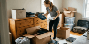 In a bedroom, a woman unpacks boxes, sorting through her items and placing them on the bed and around the room.