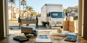 A table setup with a calculator, a laptop, and a model truck, indicating a productive environment.