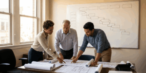 Three professionals collaborating on architectural blueprints in a modern office setting.