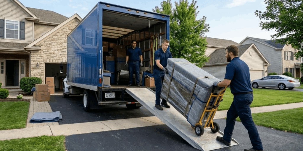 Two men lifting a large piece of furniture from a moving truck, representing the full-service moving experience.