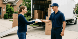 A couple stands in front of a moving truck, contemplating how much to tip movers for a local move in 2026.